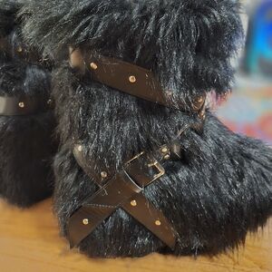 Dolls Kill Club E X Black Faux Fur Boots with Leather Straps